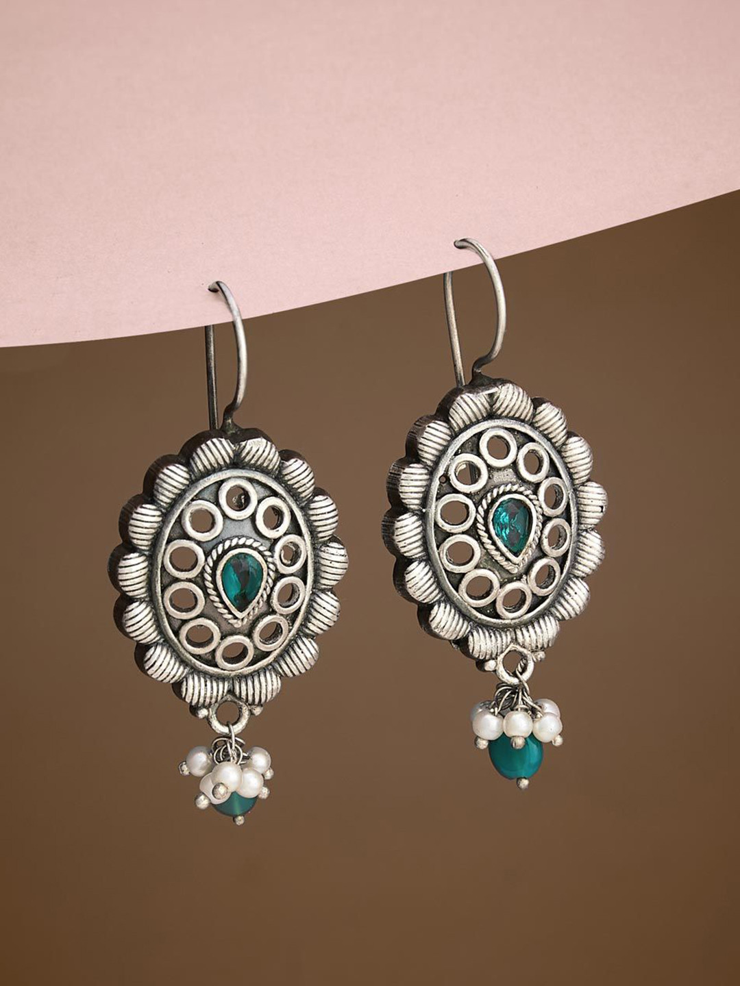 

Fabindia Stones Studded Contemporary Oxidised Drop Earrings, Silver