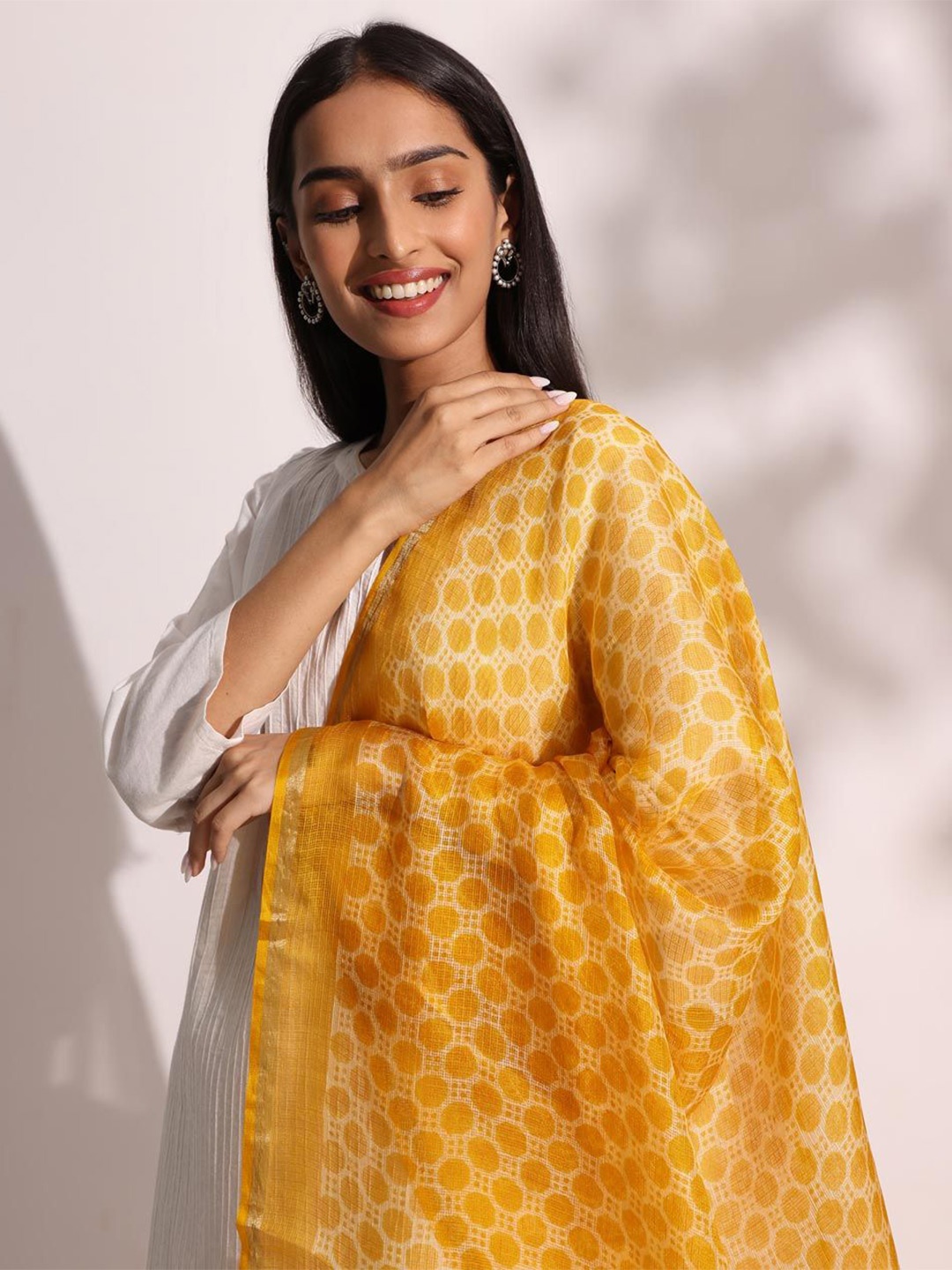 

Fabindia Printed Tasselled Silk Dupatta with Zari, Mustard