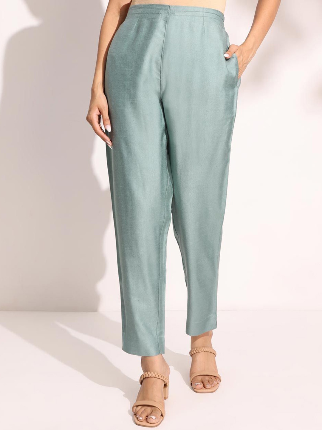 

Fabindia Women Mid-Rise Cigarette Trousers, Turquoise blue