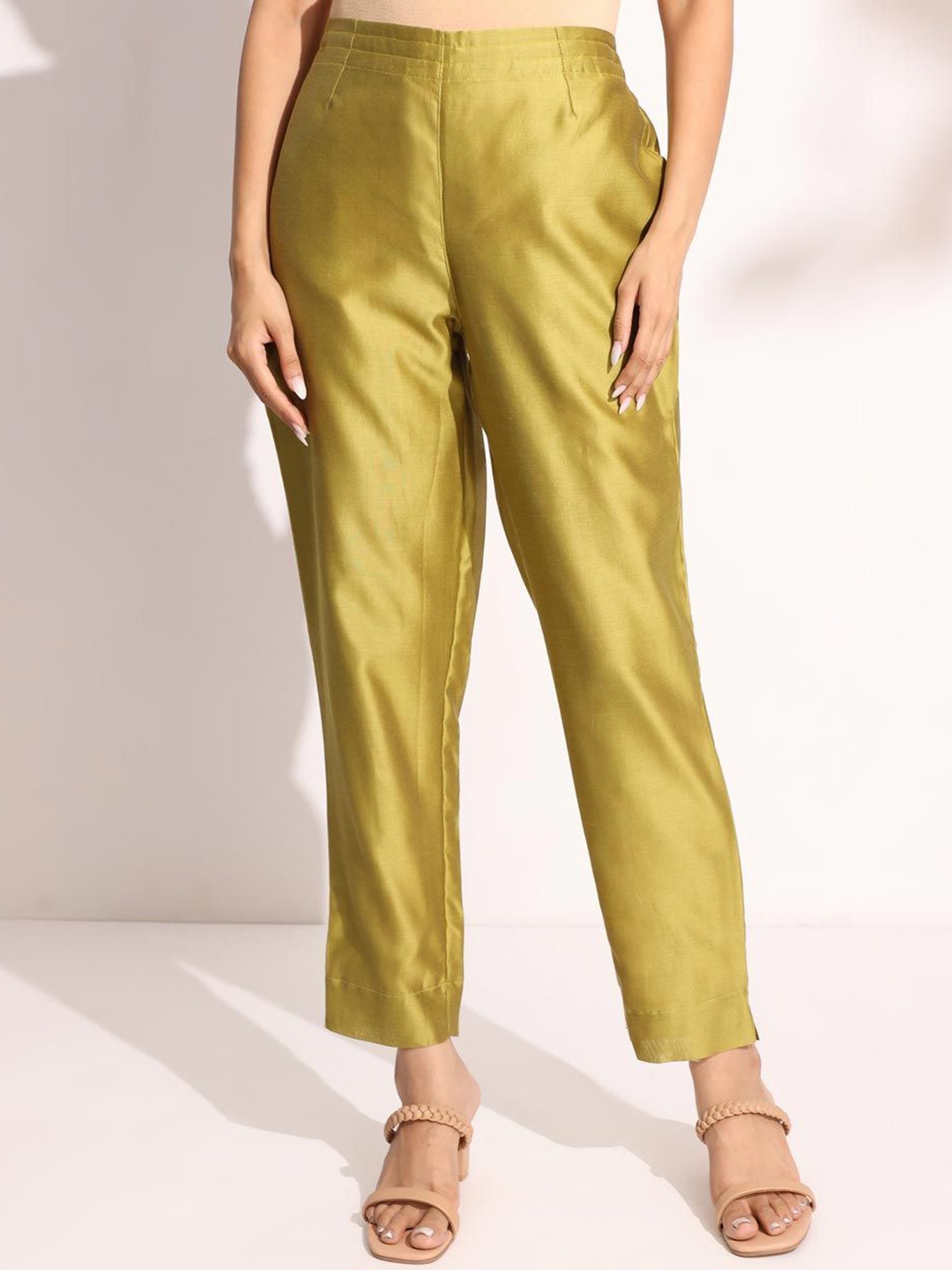 

Fabindia Women Mid-Rise Parallel Trousers, Gold