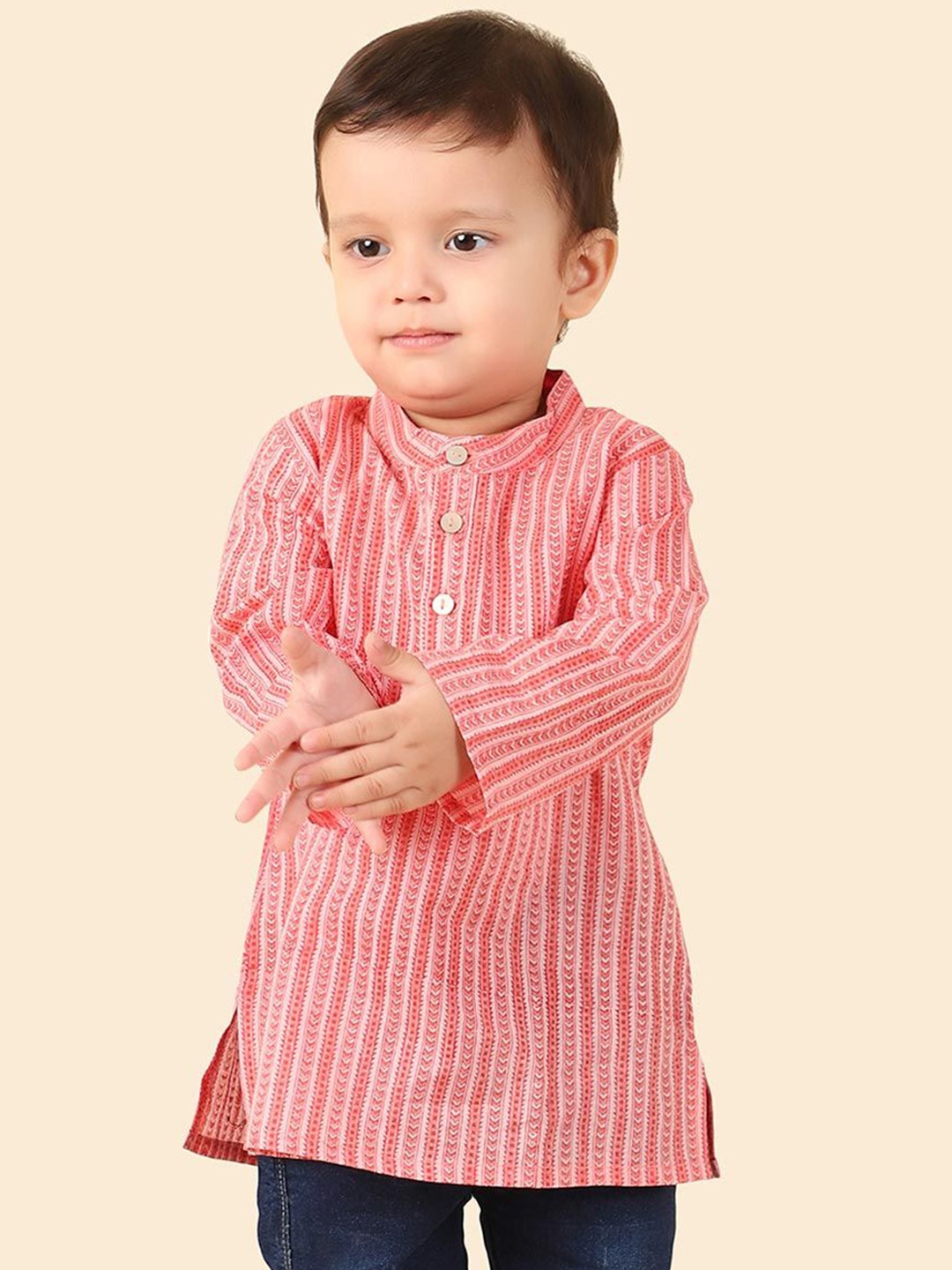 

Fabindia Boys Striped Mandarin Collar Cotton Straight Kurta, Pink