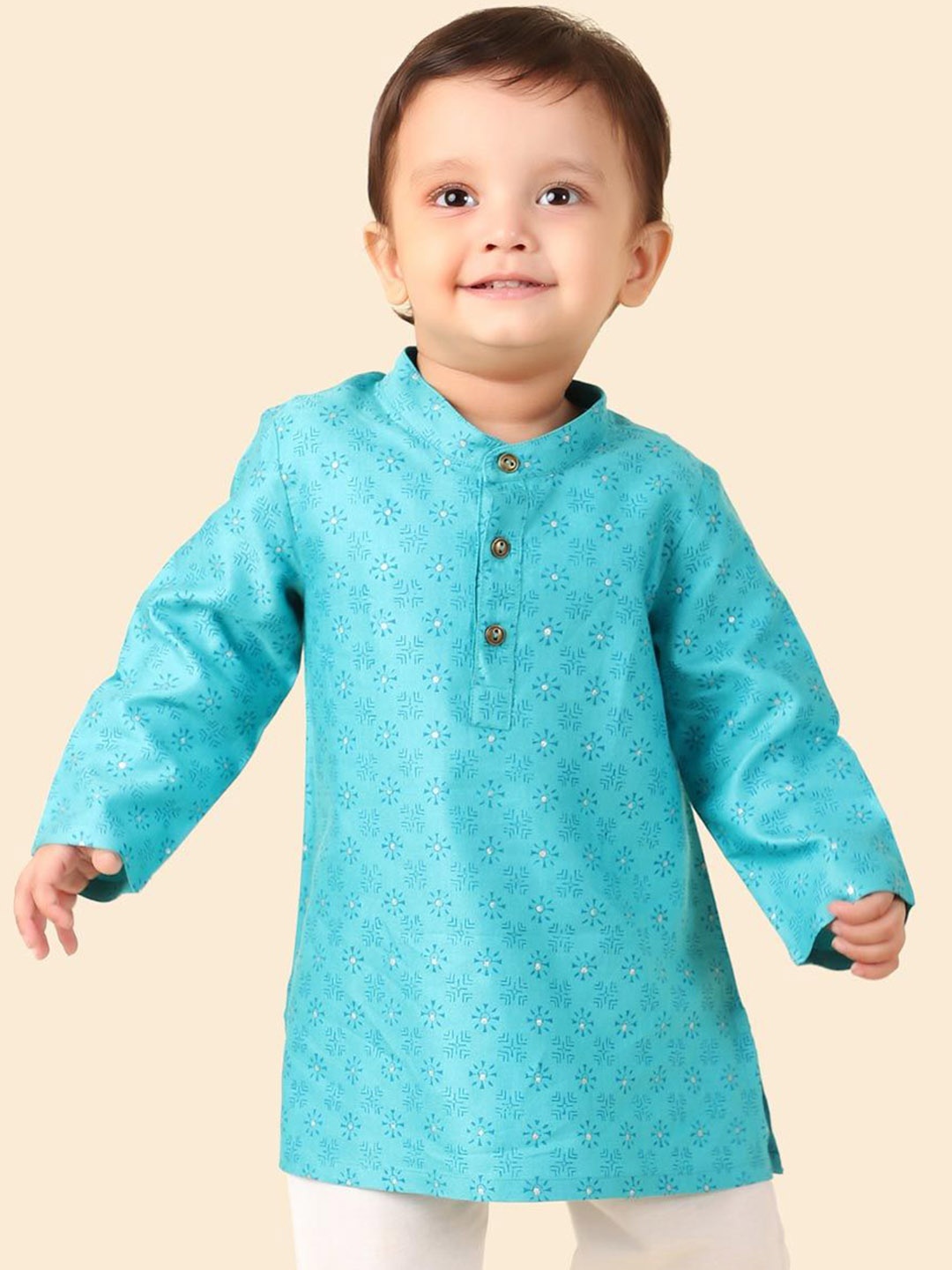 

Fabindia Boys Floral Printed Mandarin Collar Straight Kurta, Blue