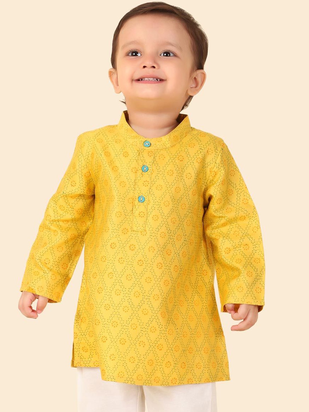 

Fabindia Boys Floral Printed Mandarin Collar Straight Kurta, Yellow