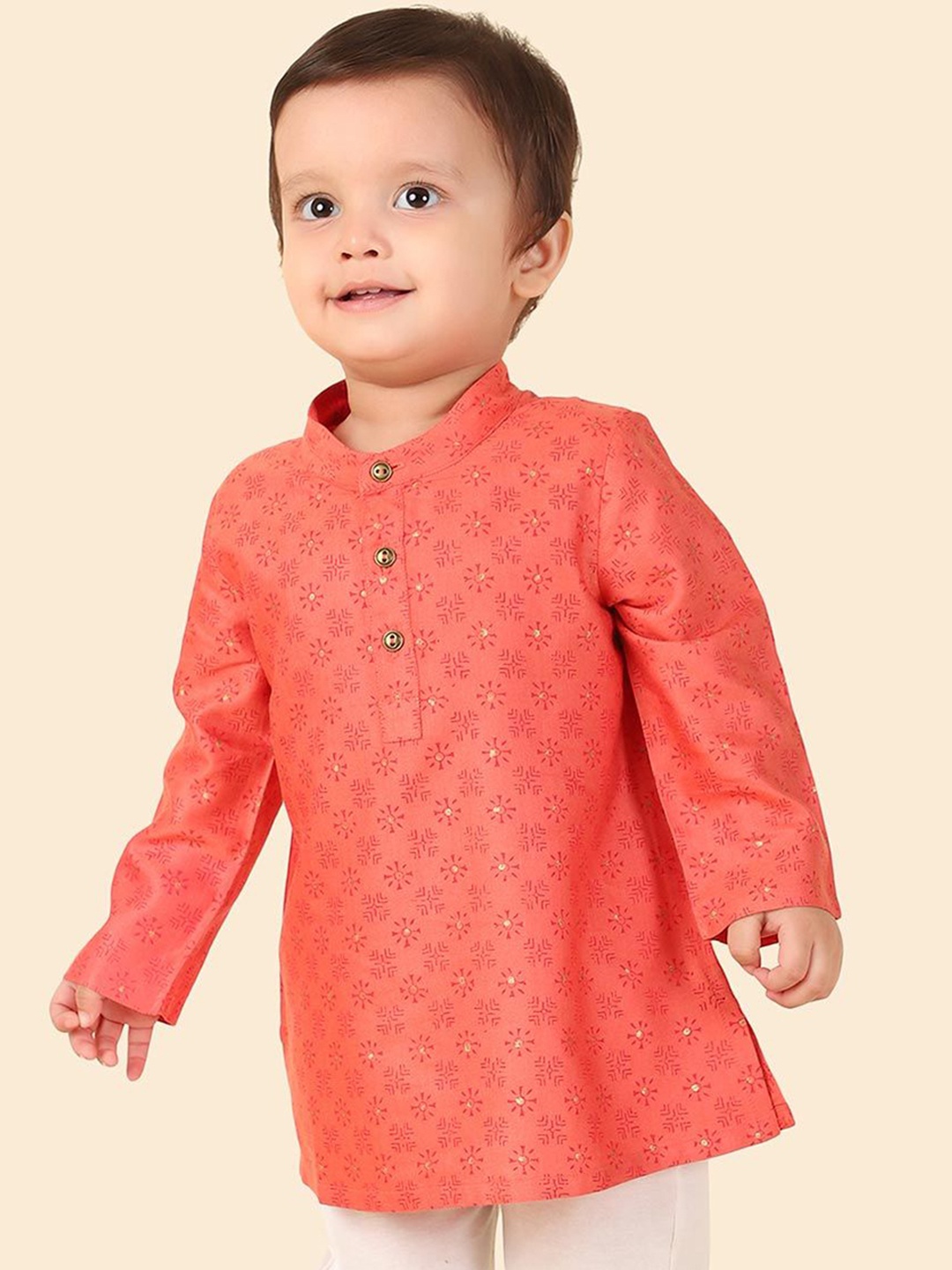 

Fabindia Boys Floral Printed Mandarin Collar Straight Kurta, Coral