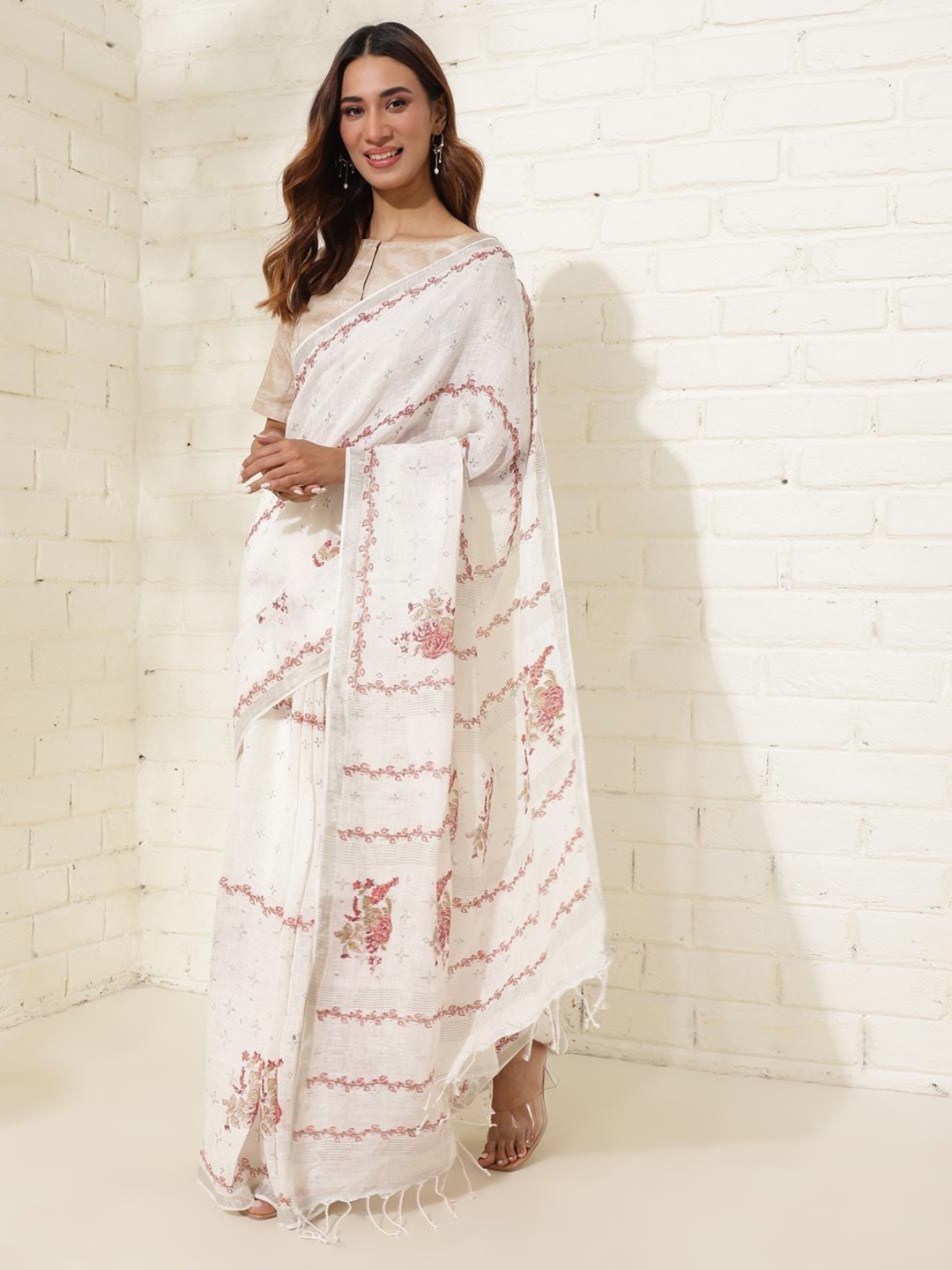

Fabindia Ethnic Motifs Linen Blend Saree, Cream