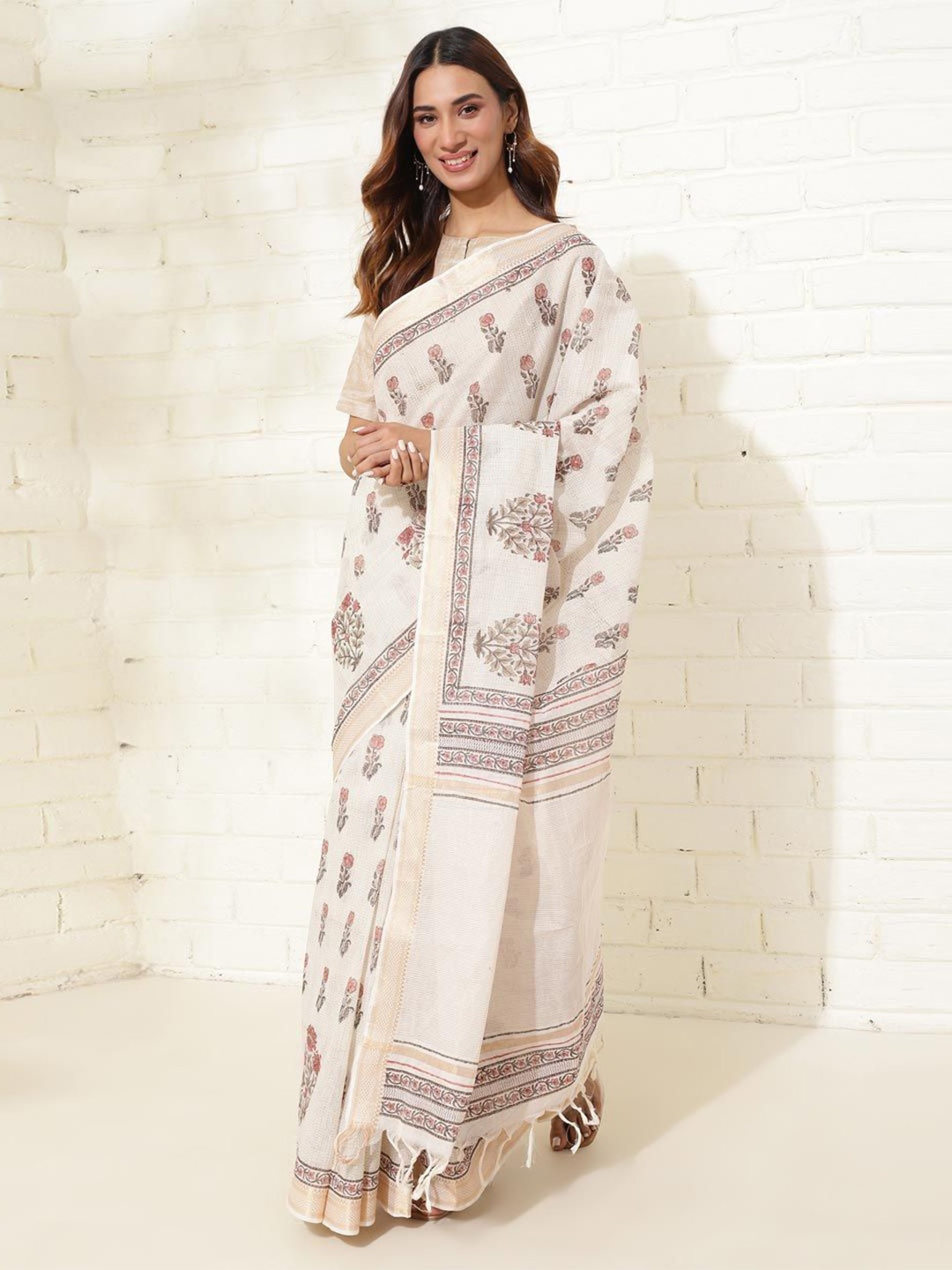 

Fabindia Ethnic Motifs Zari Border Saree, Cream