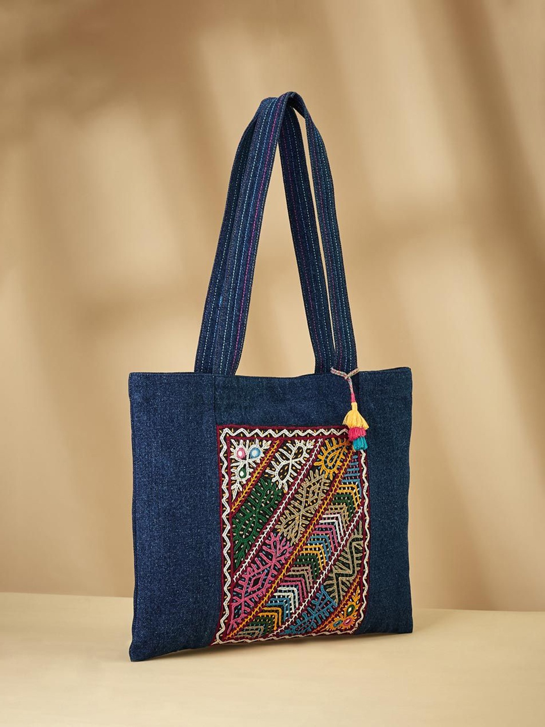 

Fabindia Shopper Tote Bag With Embroidered Details, Blue