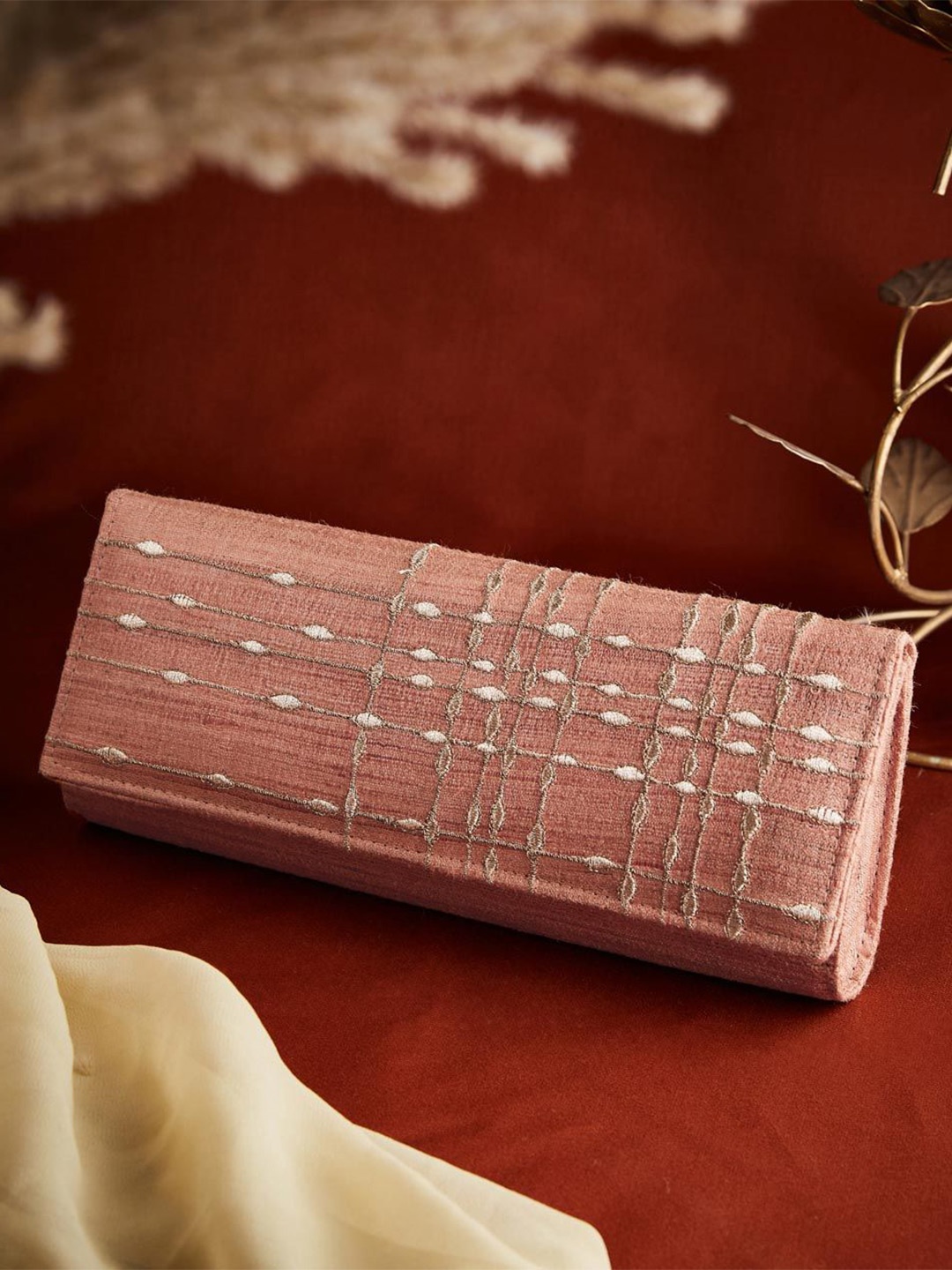 

Fabindia Embroidered Foldover Clutch, Peach