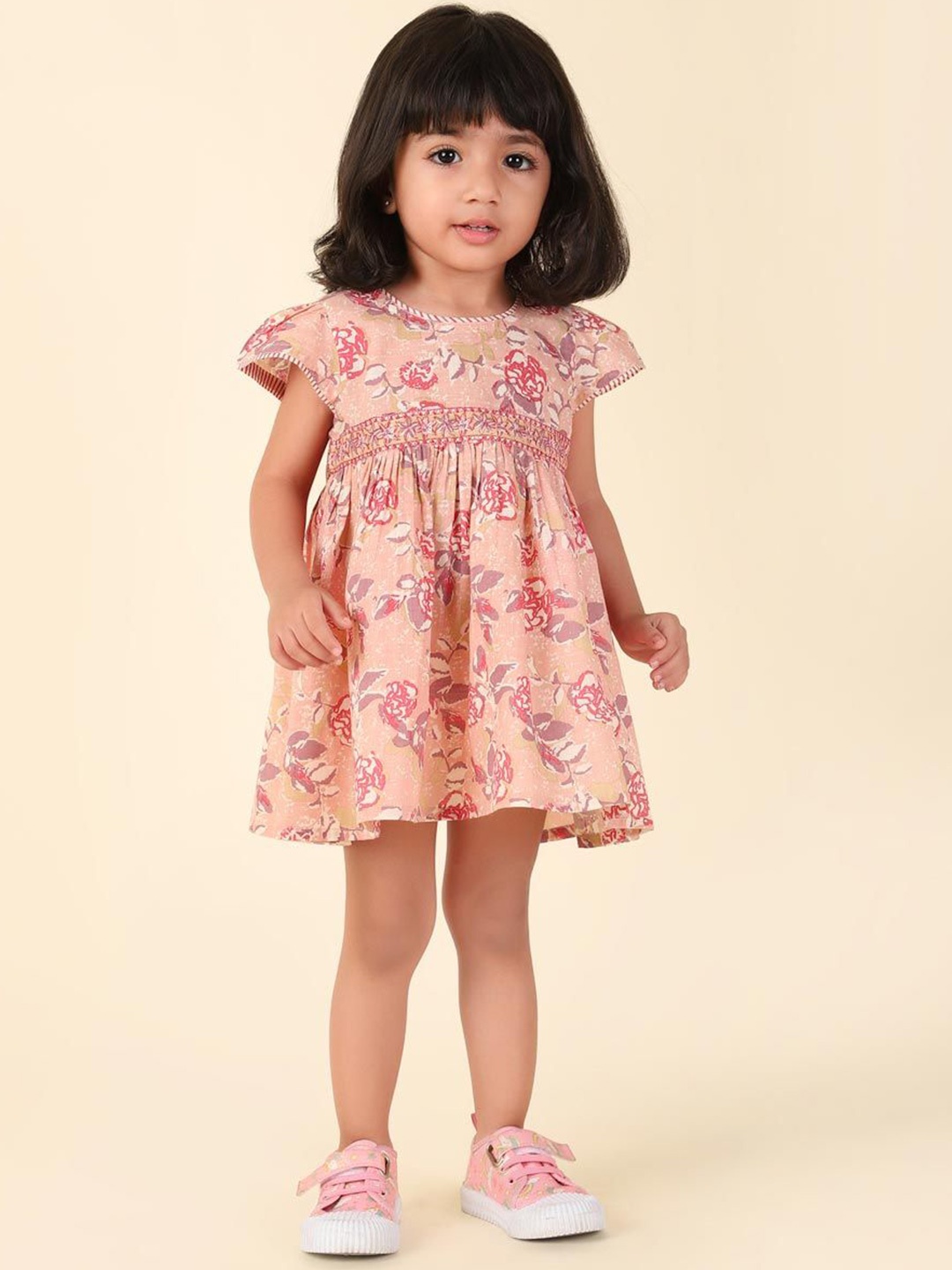 

Fabindia Girls Floral Print Cap Sleeves A-Line Dress, Pink