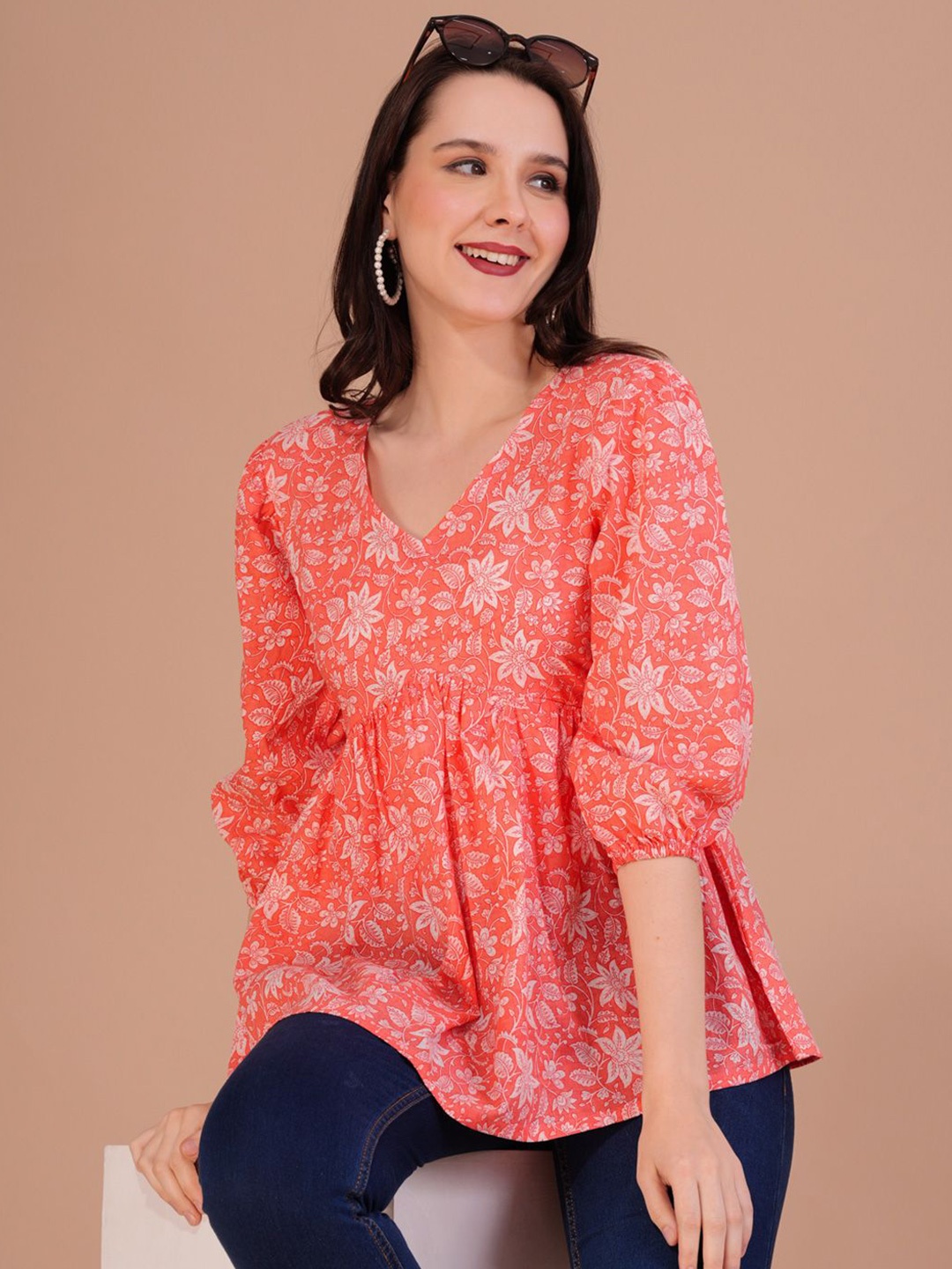 

SHIONS Women Floral Printed Gathered Cotton Peplum Top, Peach