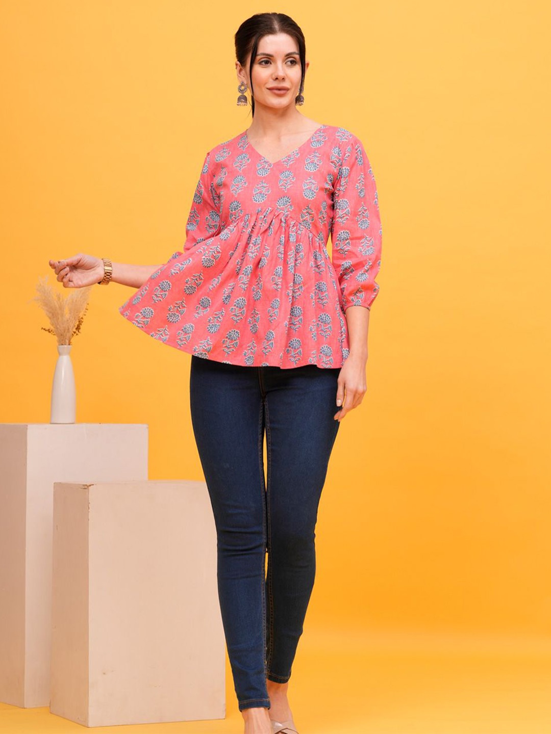 

SHIONS Women Floral Printed Gathered Cotton Peplum Top, Pink