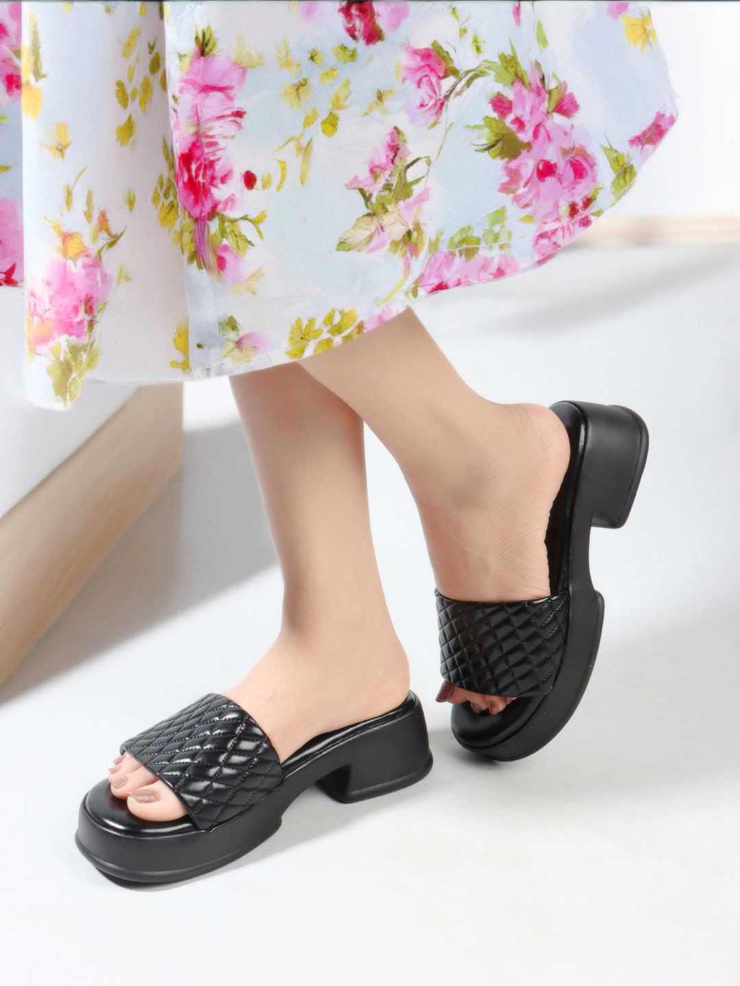 

Mast & Harbour Black Textured Open Toe Platform Heels