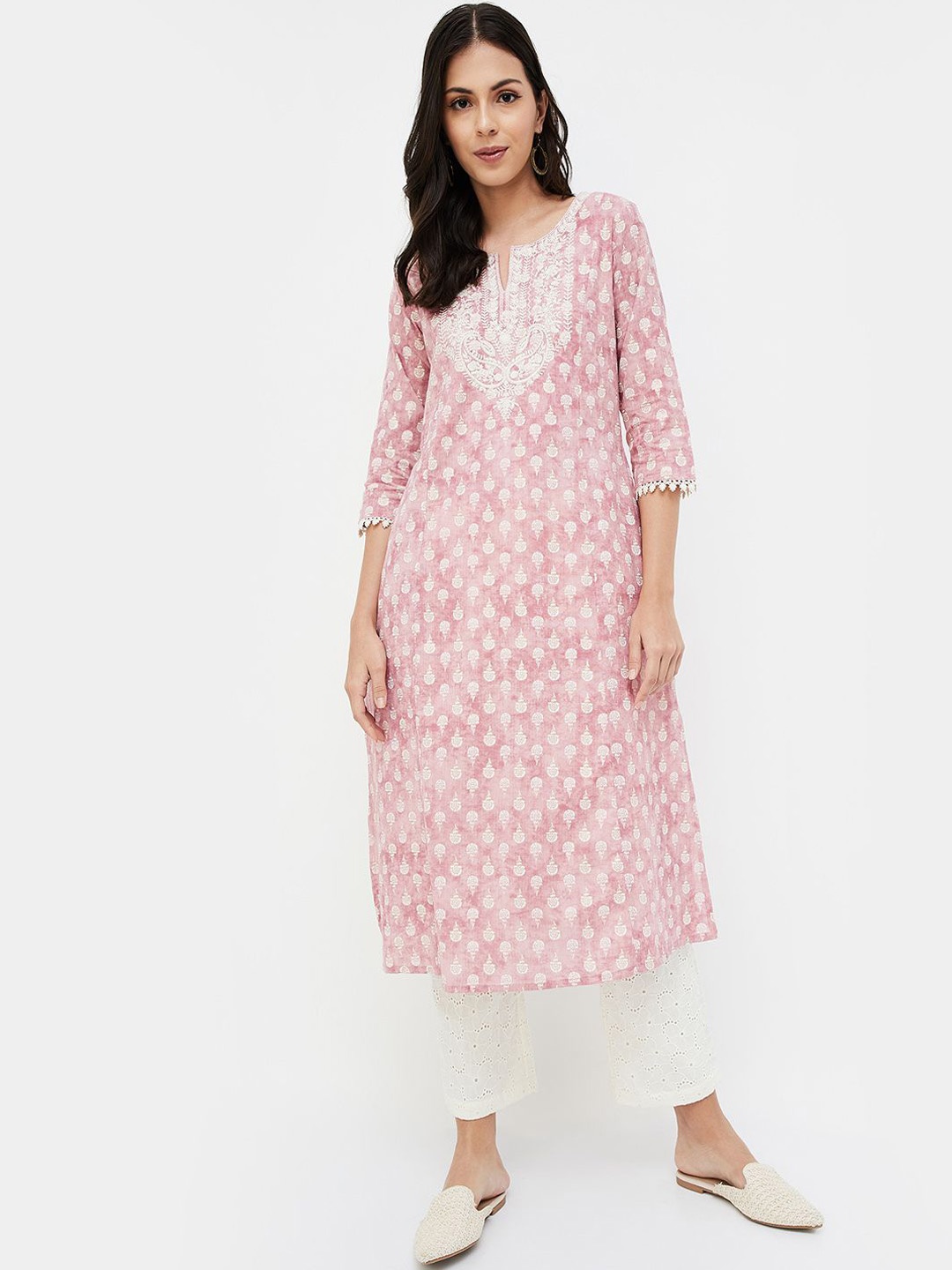 

Melange by Lifestyle Floral Printed Notch Neck Straight Kurta, Pink