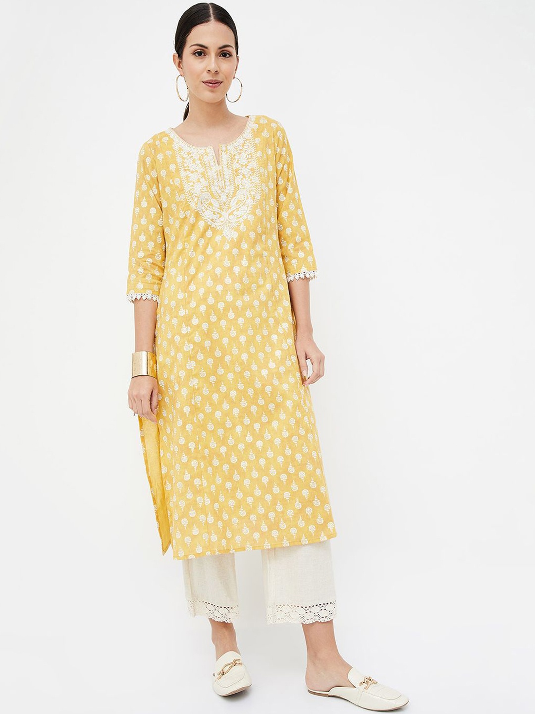 

Melange by Lifestyle Printed Notch Neck Cotton Straight Kurta, Yellow