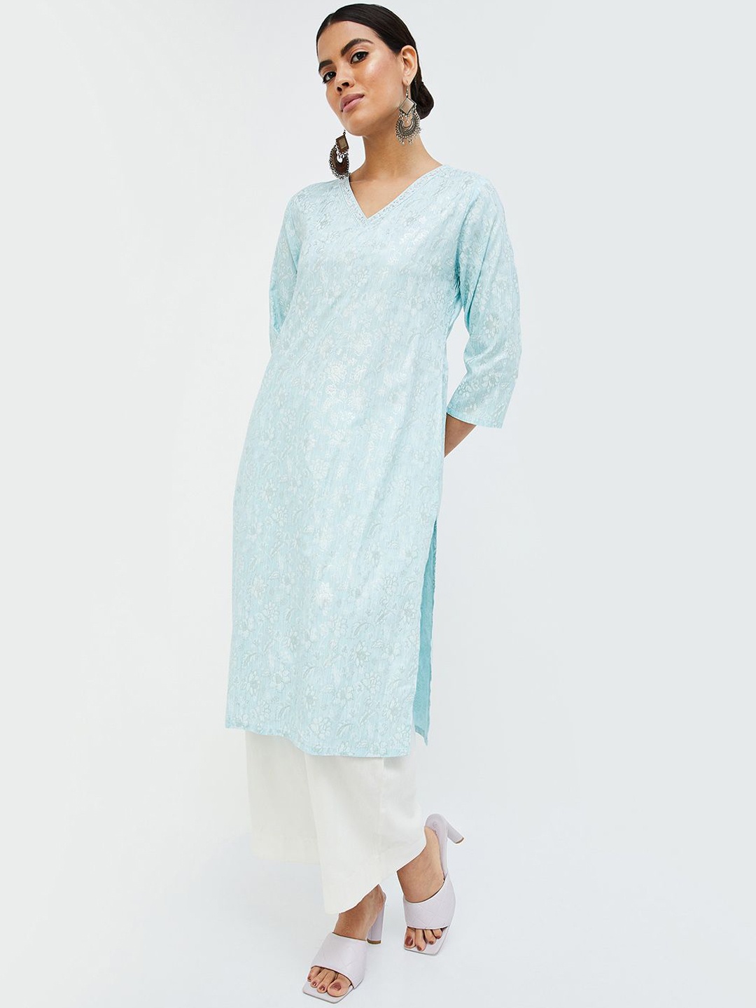 

Melange by Lifestyle V Neck Floral Woven Design Straight Kurta, Blue