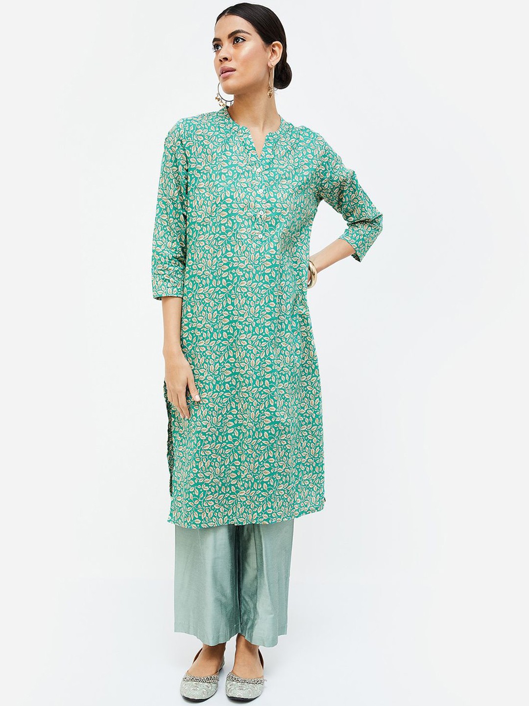

Melange by Lifestyle Mandarin Collar Cotton Printed Straight Kurta, Blue