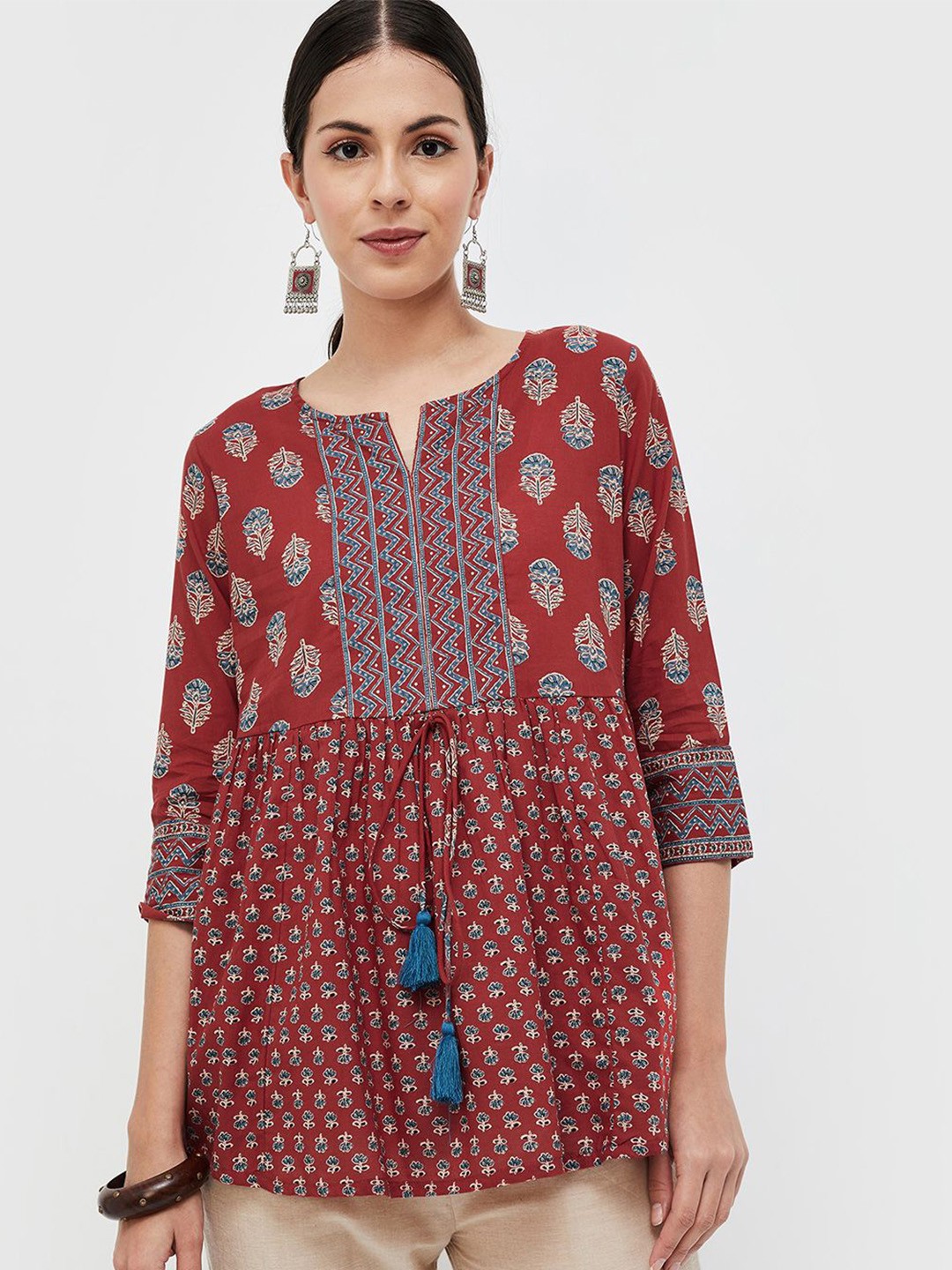 

Melange by Lifestyle Mandarin Collar Printed Three-Quarter Sleeves Tunic, Red