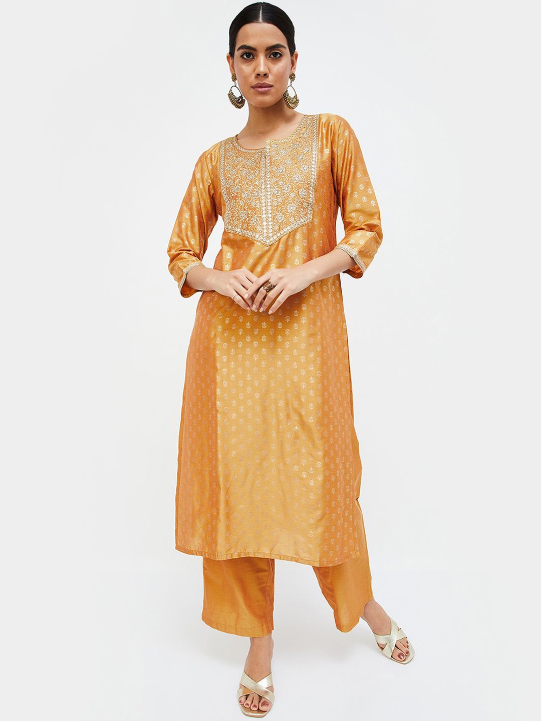 

Melange by Lifestyle Floral Embroidered Thread Work Straight Kurta With Pyjamas & Dupatta, Mustard