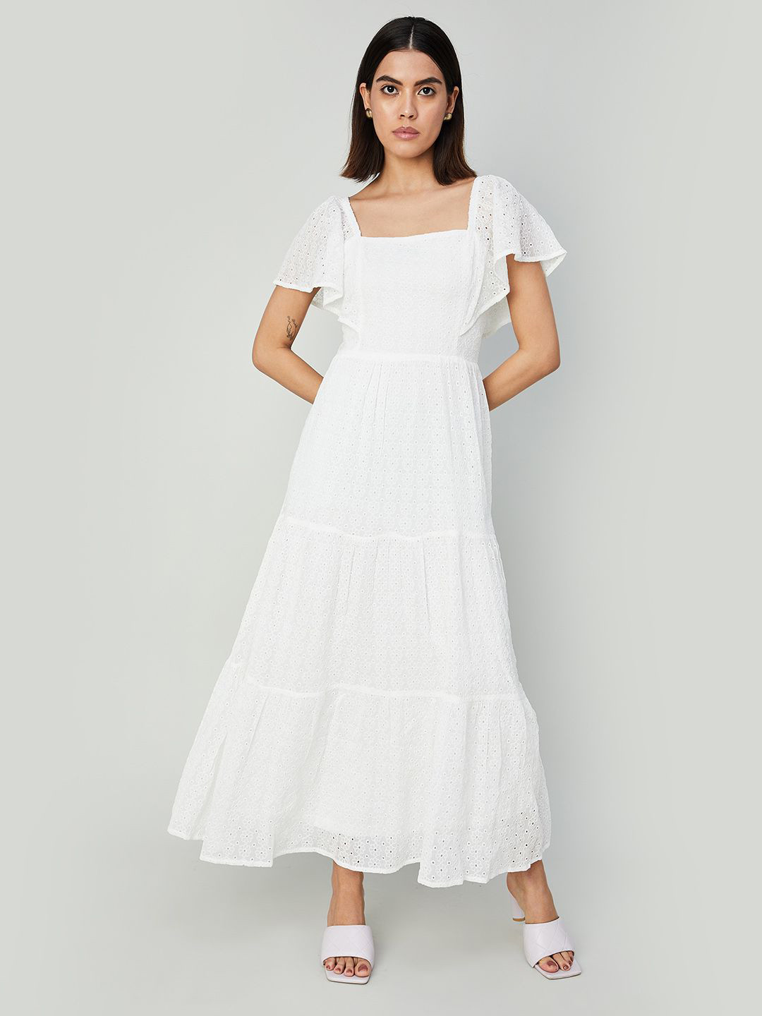 

CODE by Lifestyle Square Neck Flutter Sleeve Fit and Flare Maxi Dress, Off white
