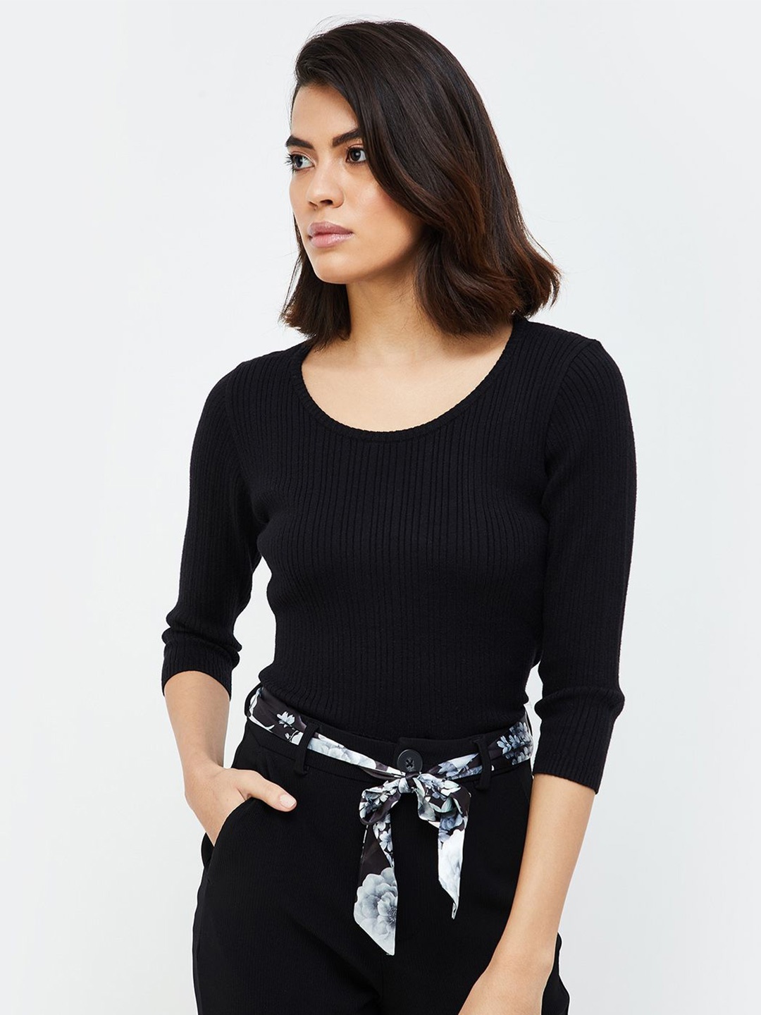 

CODE by Lifestyle Women Striped Waist Tie-Ups Regular Top, Black