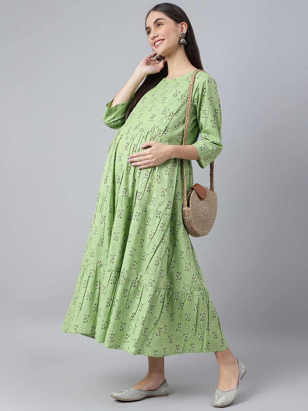 

Negen Ethnic Motifs Print Maternity A-Line Maxi Dress, Green