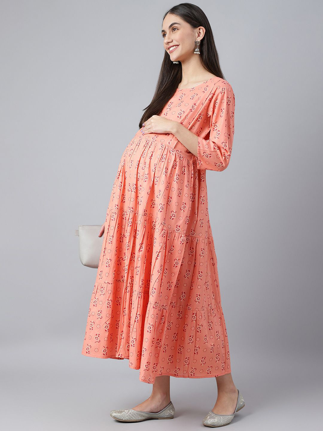 

Negen Ethnic Motifs Print Maternity A-Line Midi Dress, Peach