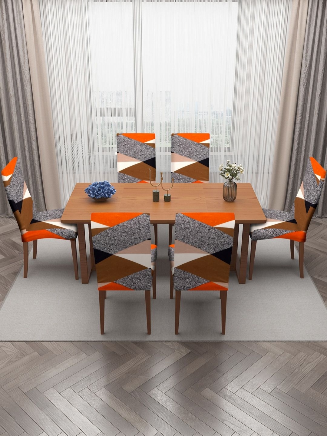 

HOSTA HOMES Orange & Grey 6 Pieces Printed Chair Cover