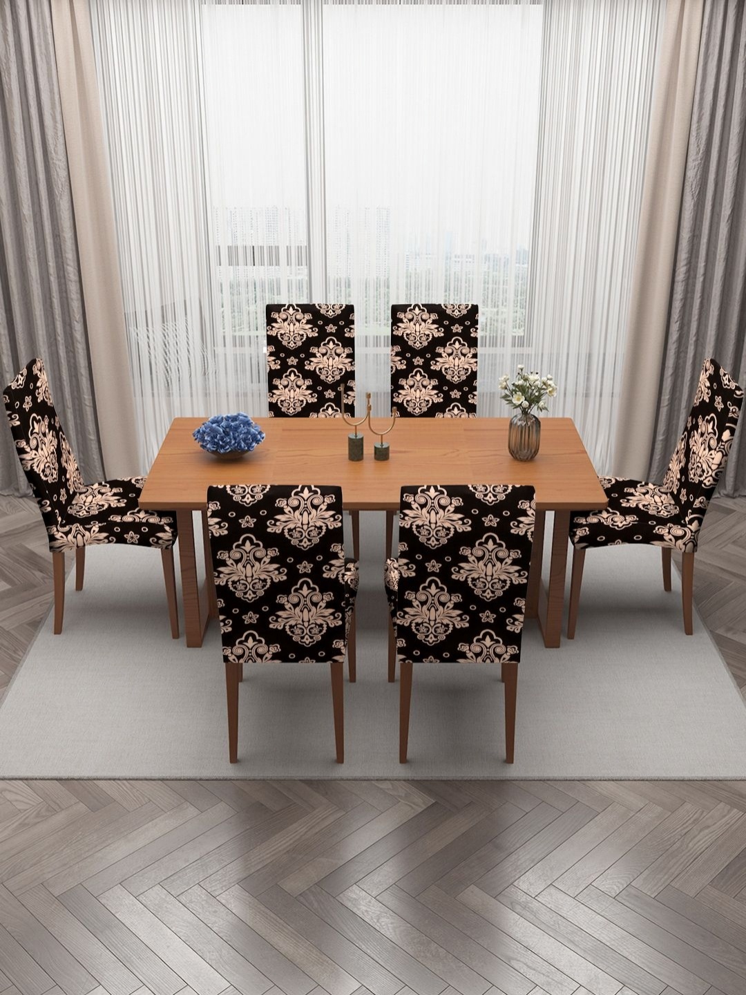 

HOSTA HOMES Coffee Brown & Cream 6 Pieces Printed Dining Chair Covers
