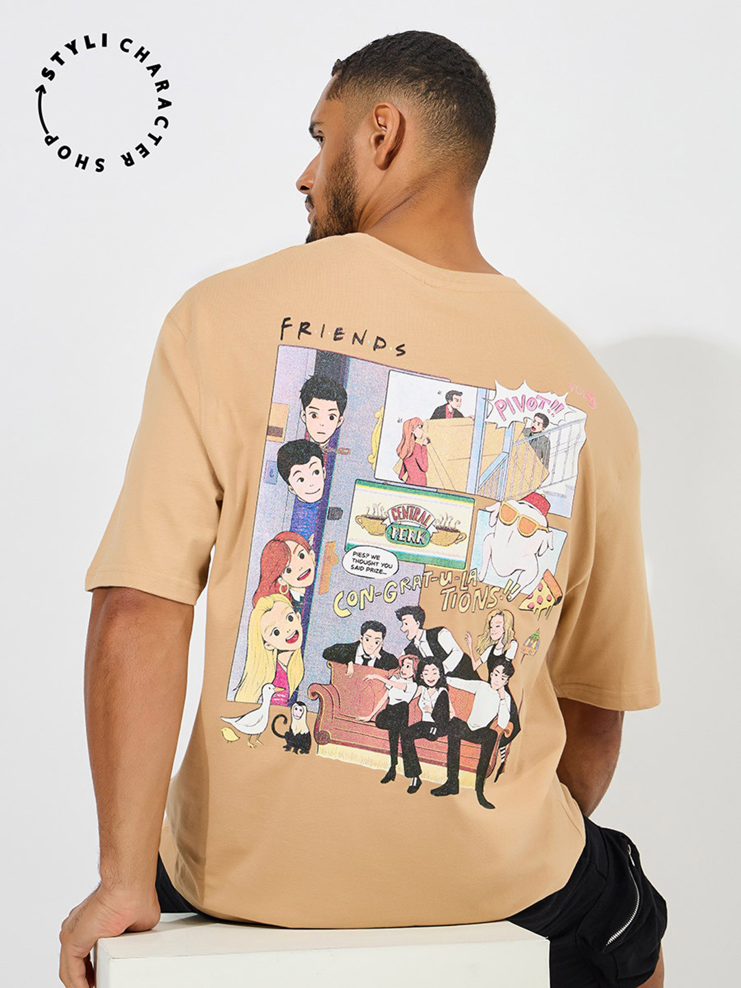 

Styli Men Graphic Printed Round Neck Cotton Oversized T-Shirt, Beige