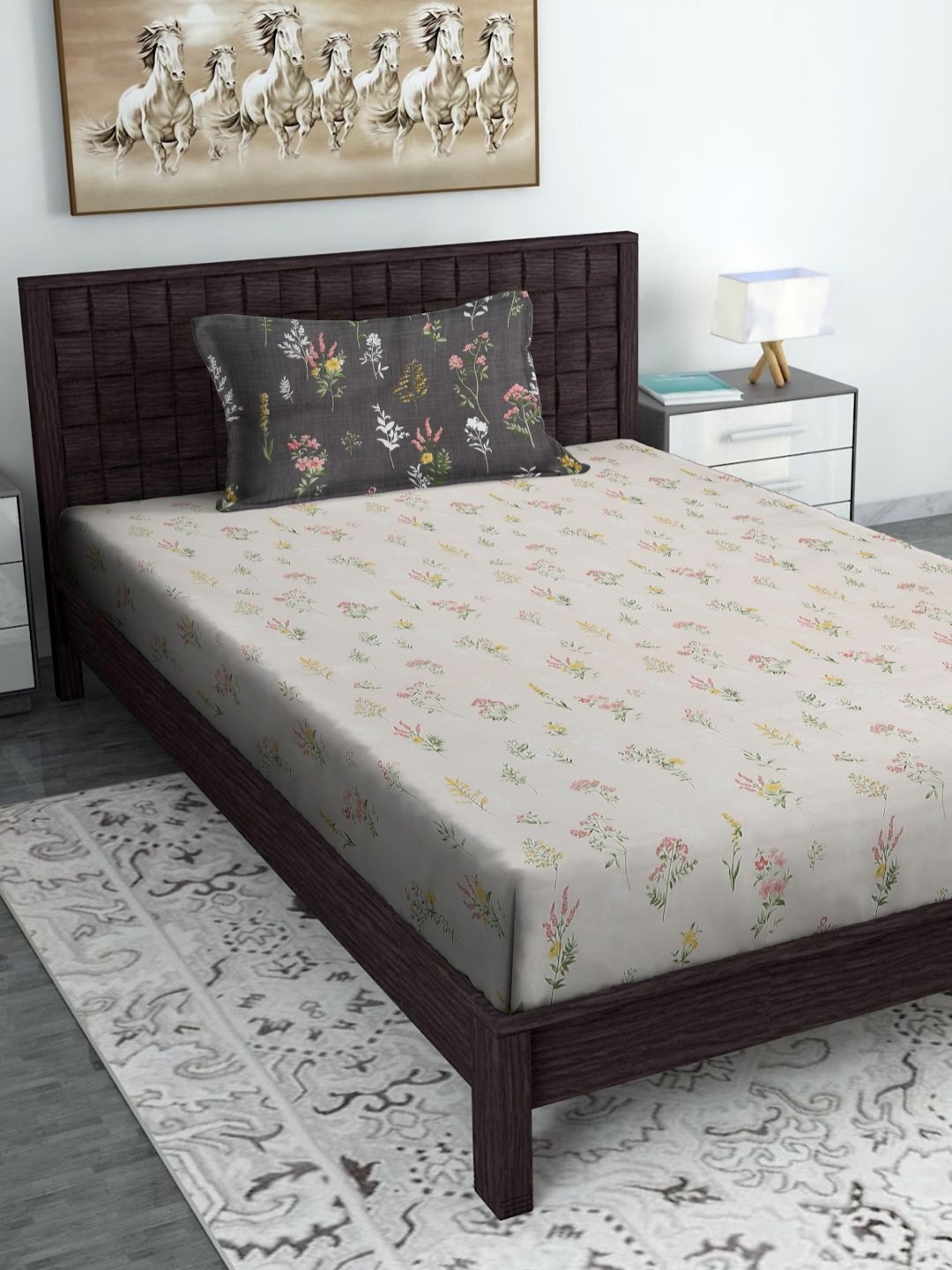 

HOSTA HOMES Beige & Pink Floral 300 TC Single Bedsheet with 1 Pillow Covers