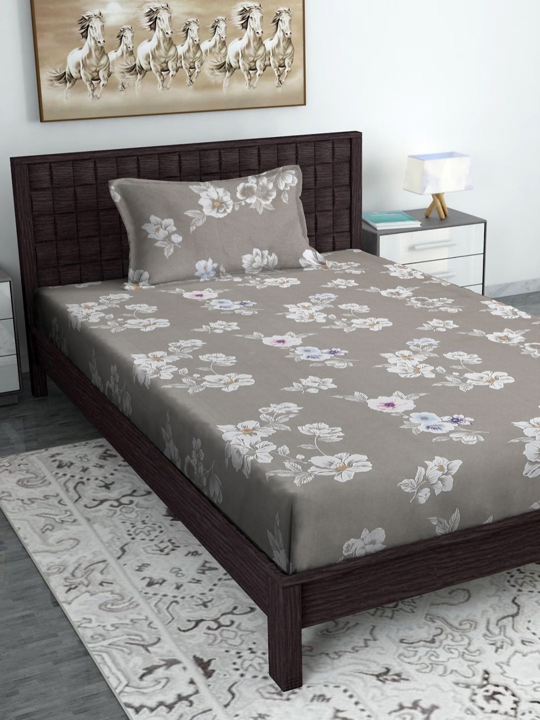 

HOSTA HOMES Grey & White Floral 300 TC Single Bedsheet with 1 Pillow Covers