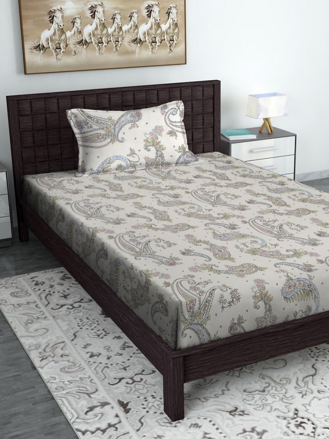 HOSTA HOMES Grey & Green Ethnic Motifs Printed 280 TC Single Bedsheet With 1 Pillow Cover