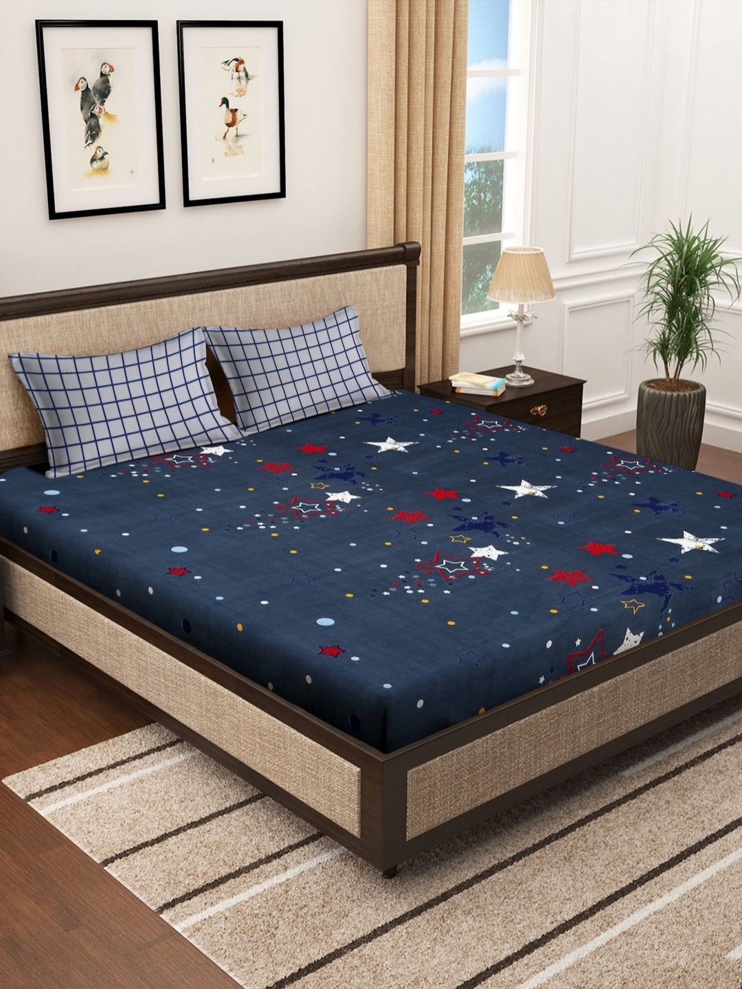 

HOSTA HOMES Blue & White Printed 280 TC Double King Bedsheet With 2 Pillow Covers