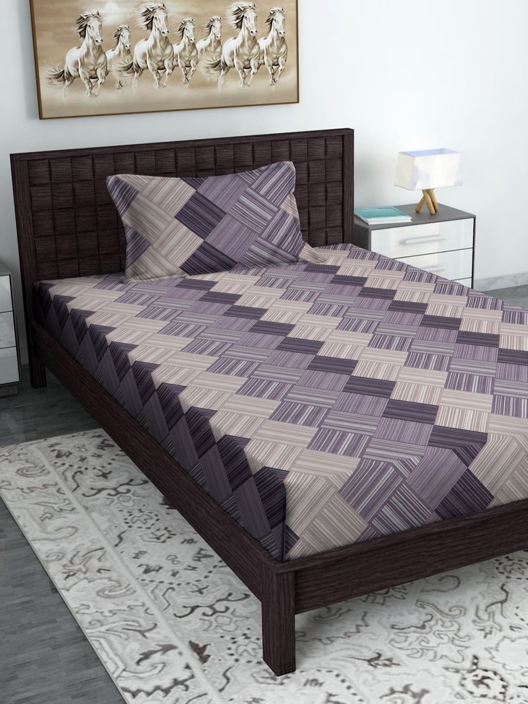 HOSTA HOMES Purple & Beige Striped 300 TC Single Bedsheet With 1 Pillow Covers
