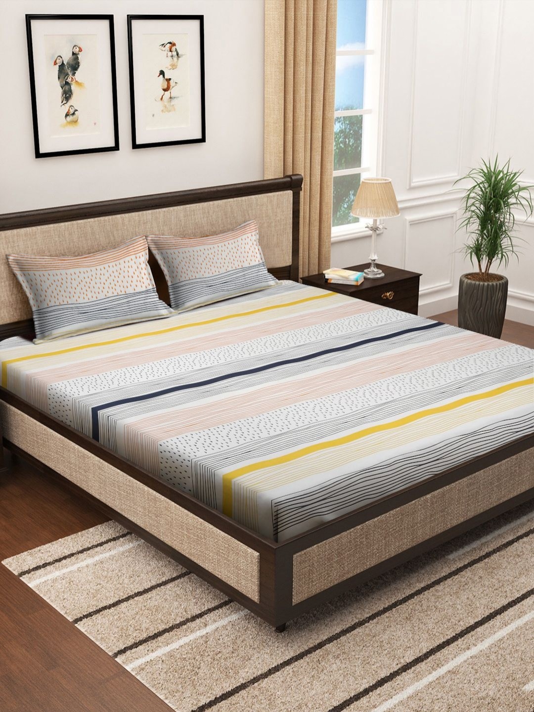 

HOSTA HOMES White & Grey Striped 300 TC Double King Bedsheet With 2 Pillow Covers