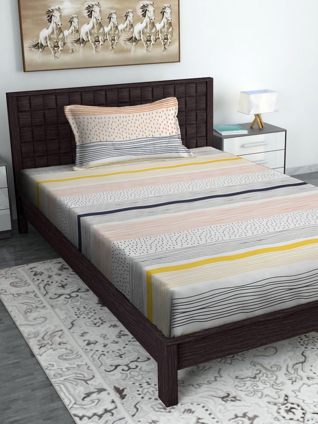 

HOSTA HOMES White & Yellow Striped 300 TC Single Bedsheet With 1 Pillow Covers