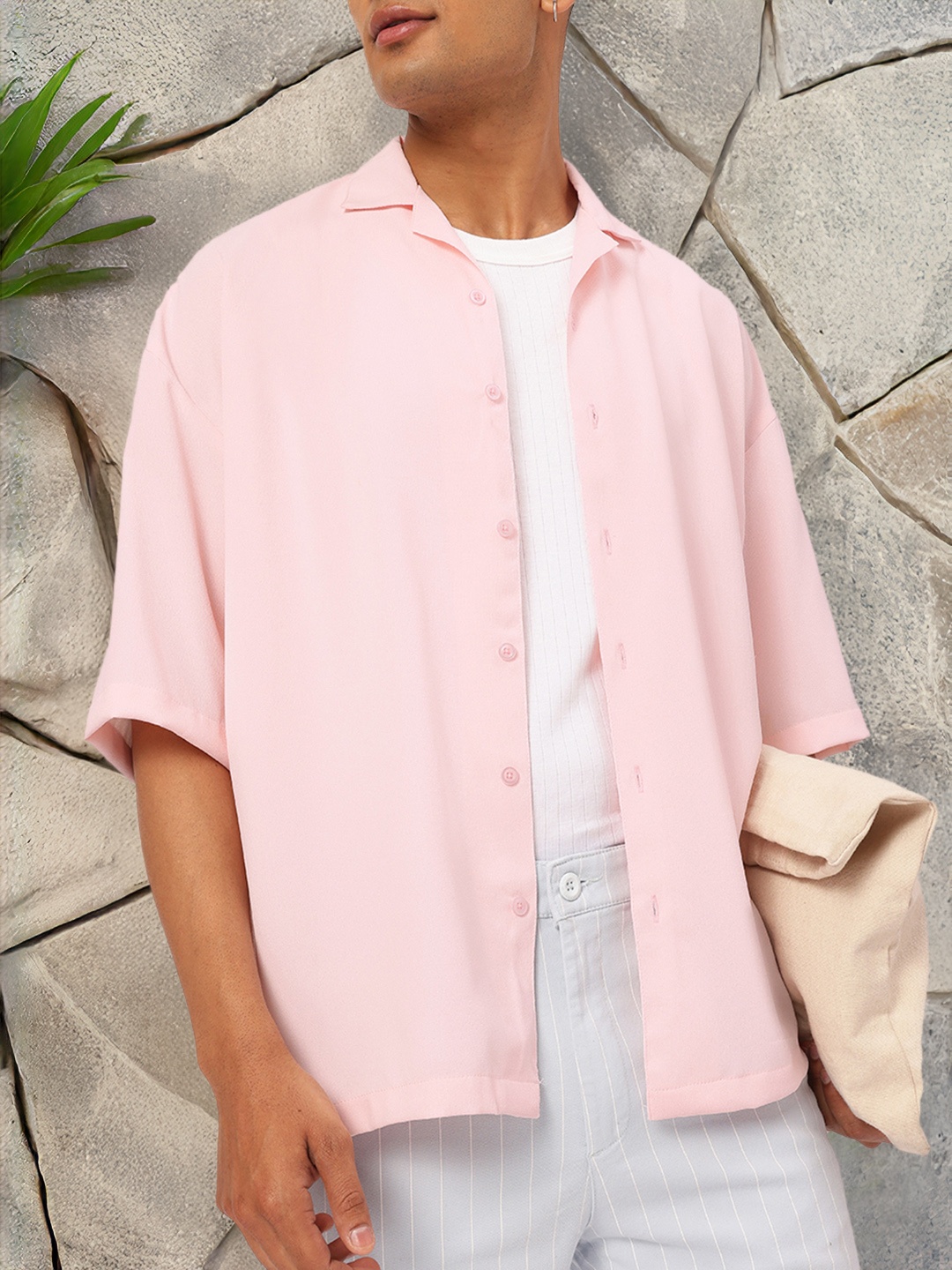 

Kook N Keech Casual Cruiser Cuban Collar Drop- Shoulder Sleeves Oversized Shirt, Pink