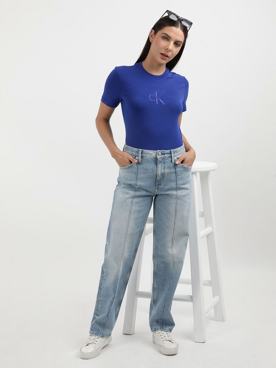 

Calvin Klein Women Solid Round Neck Slim Fit T-shirt, Blue