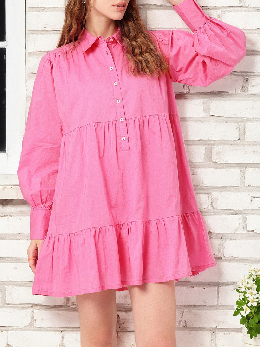 

DressBerry Modern Blush Gathers Shirt Collar A-Line Mini Dress, Pink