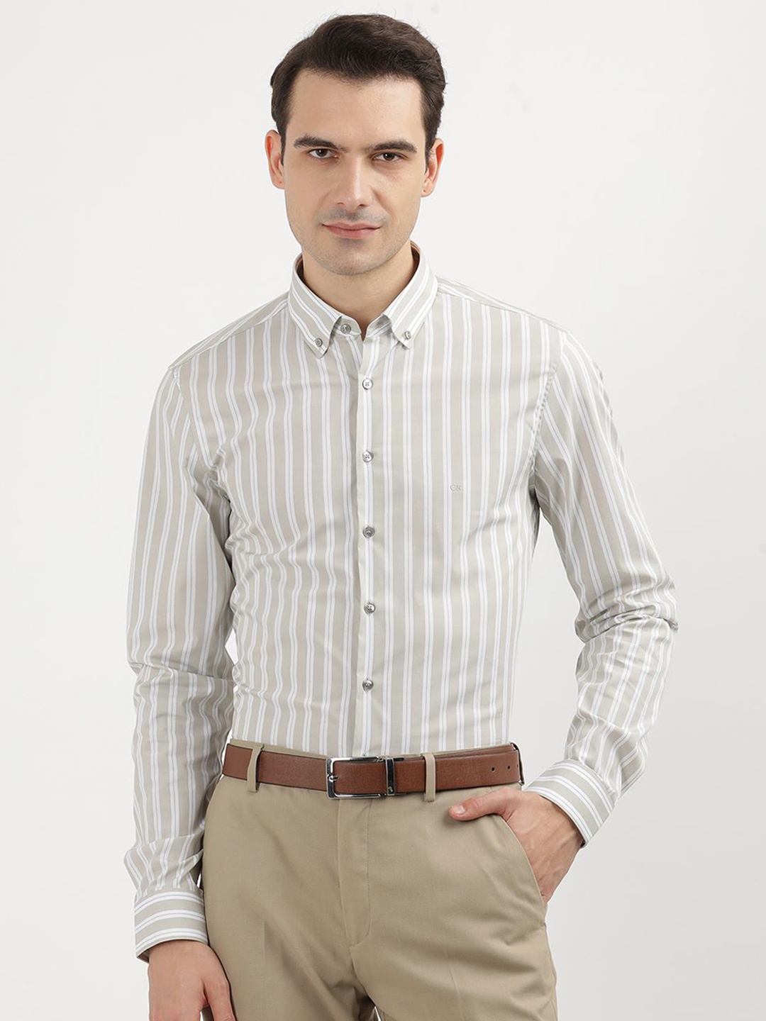 

Calvin Klein Men Solid Slim Fit Opaque Striped Casual Shirt, Beige