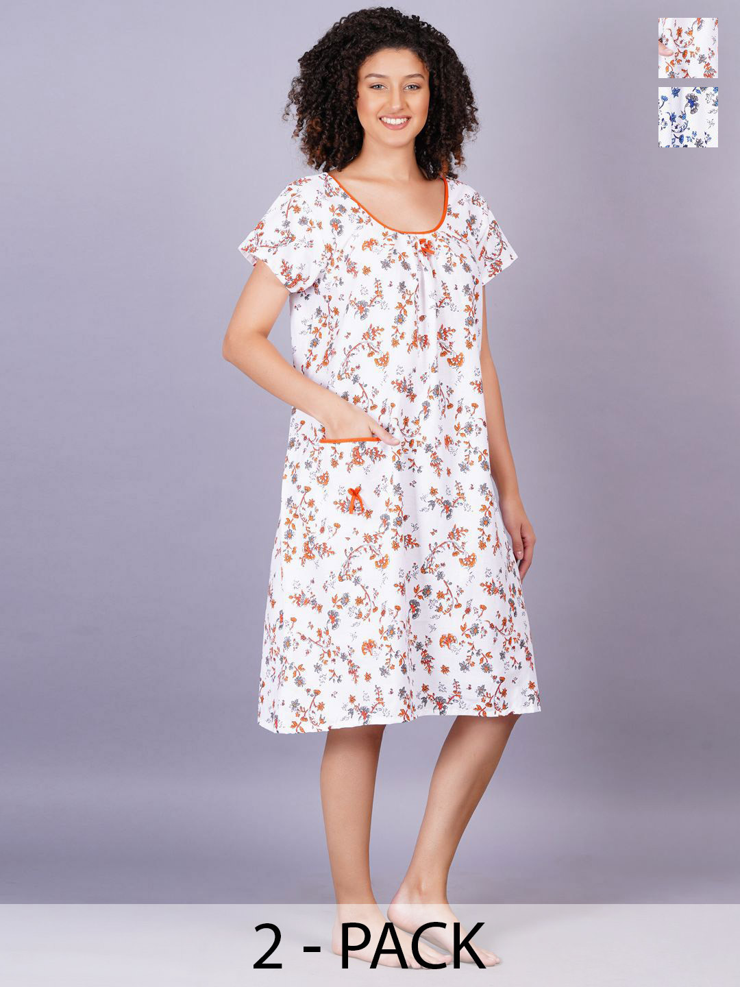 

Breezly Pack of 2 Floral Printed Round Neck Pure Cotton Nightdress, White