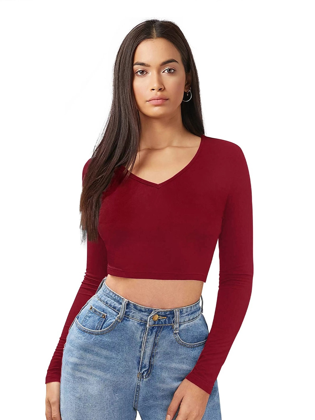 

Alekya Women Solid V-Neck full sleeves crop Top, Maroon