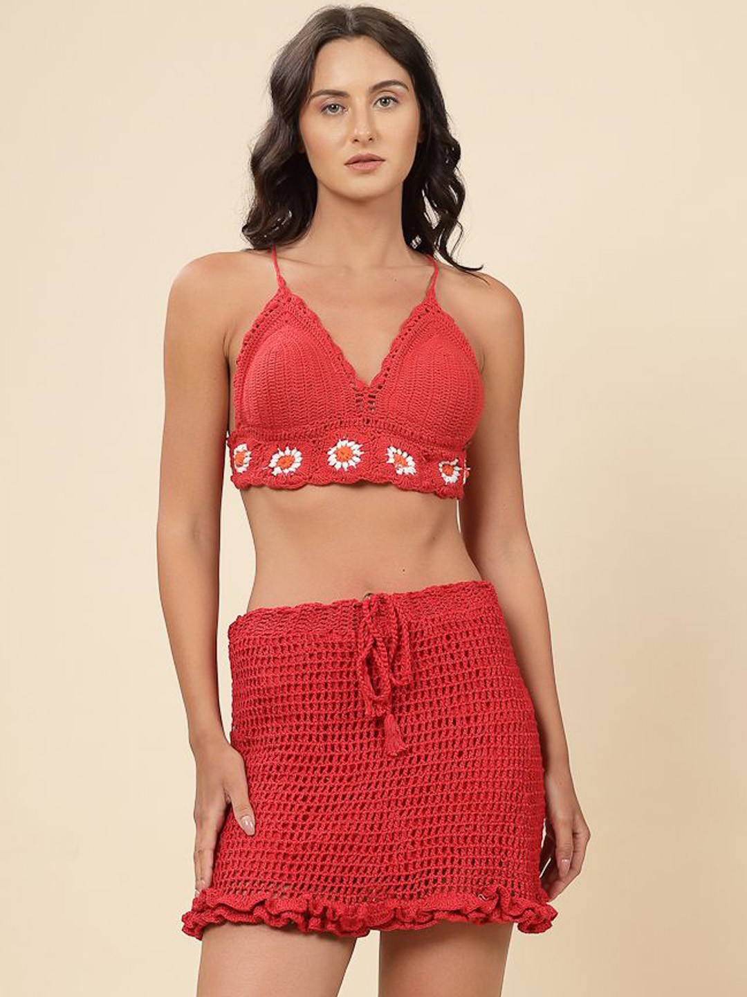 

Velvery Self-Design Pure Cotton Top With Mini Skirt, Red