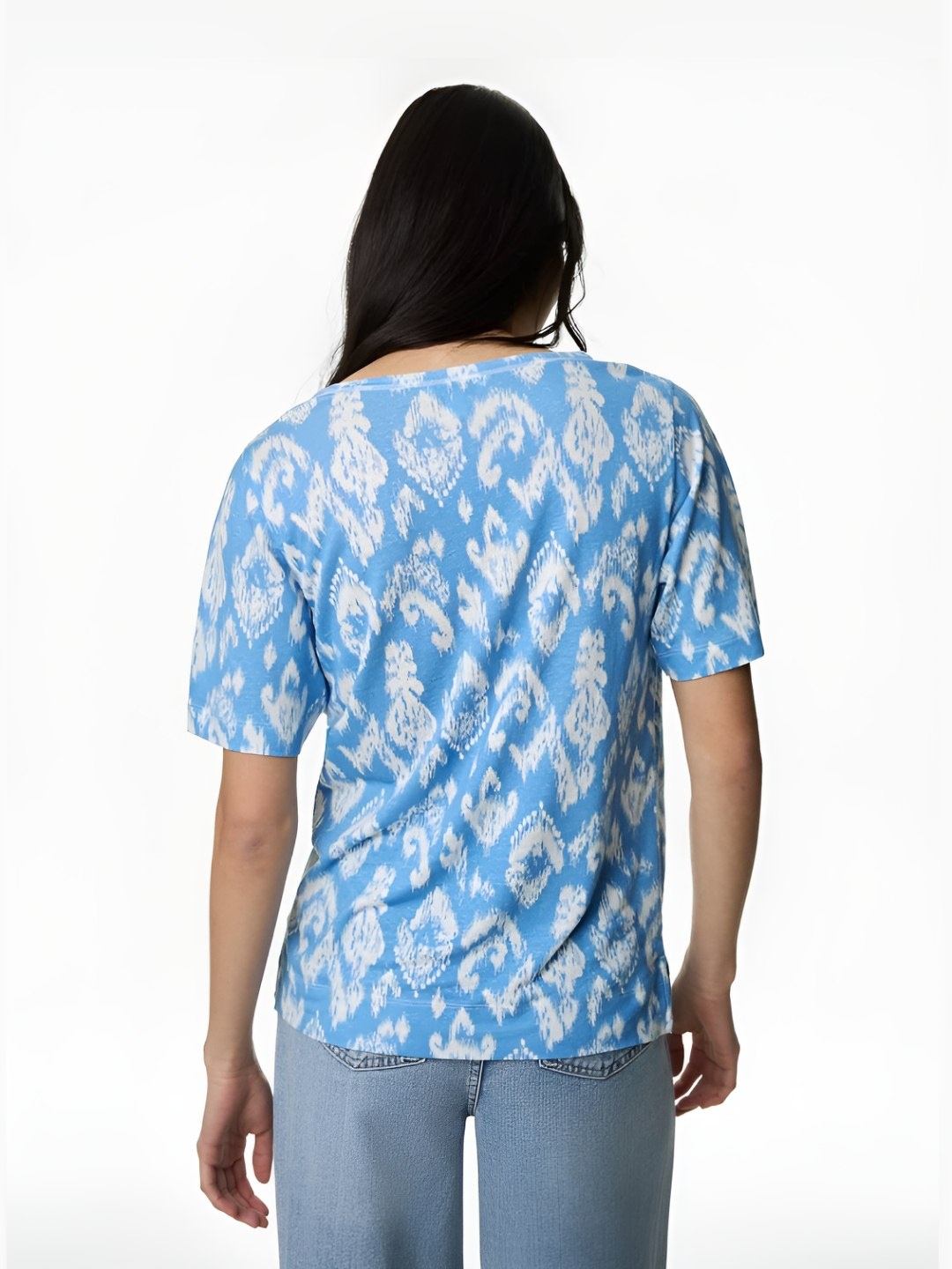 

Marks & Spencer Women Other Printed V-Neck Linen Blend T-shirt, Blue