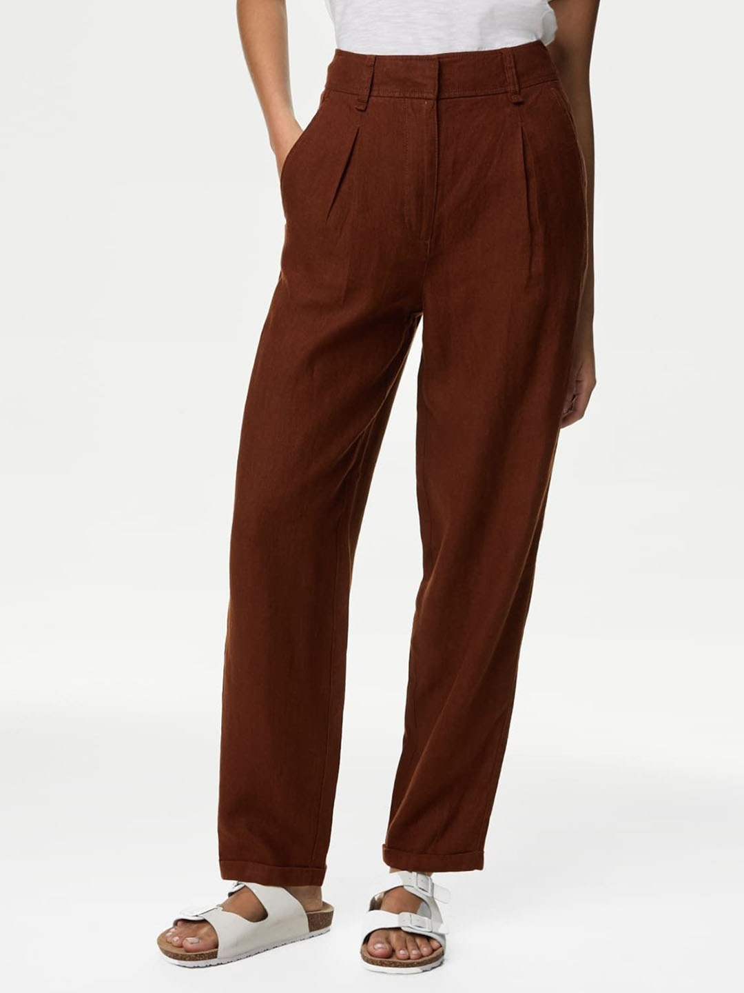 

Marks & Spencer Women Tapered Fit High-Rise Pleated Trousers, Brown