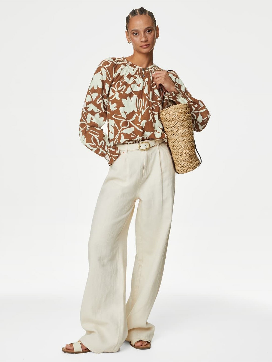 

Marks & Spencer Floral Printed Pure Cotton Puff Sleeve Blouse, Brown