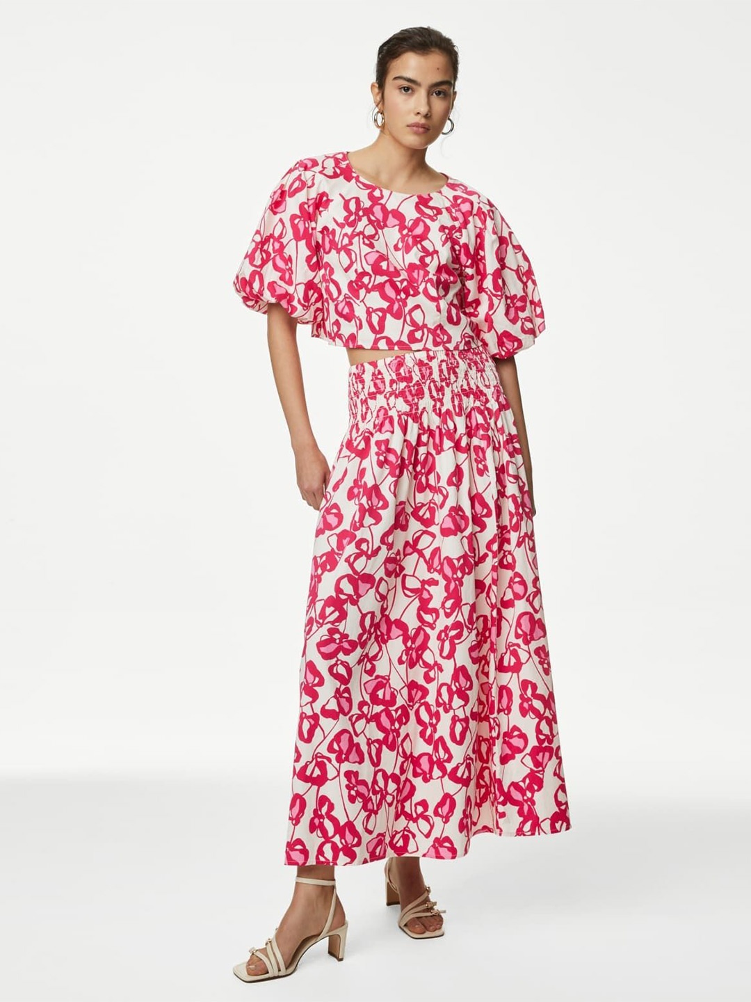 

Marks & Spencer pure cotton Floral Printed Boat Neck Bishop Sleeves Maxi Top, Pink