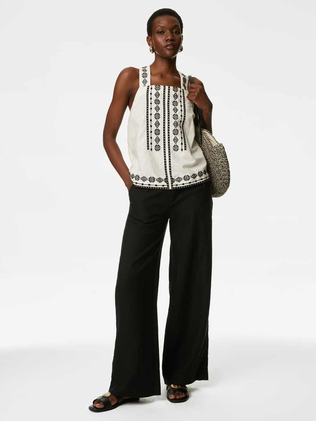 

Marks & Spencer square shoulder straps tribal printed styled back Top, White