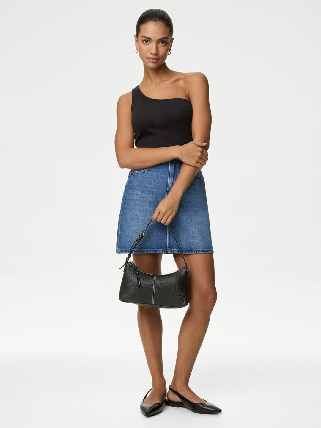 

Marks & Spencer Women Solid One Shoulder Cotton Longline Top, Black