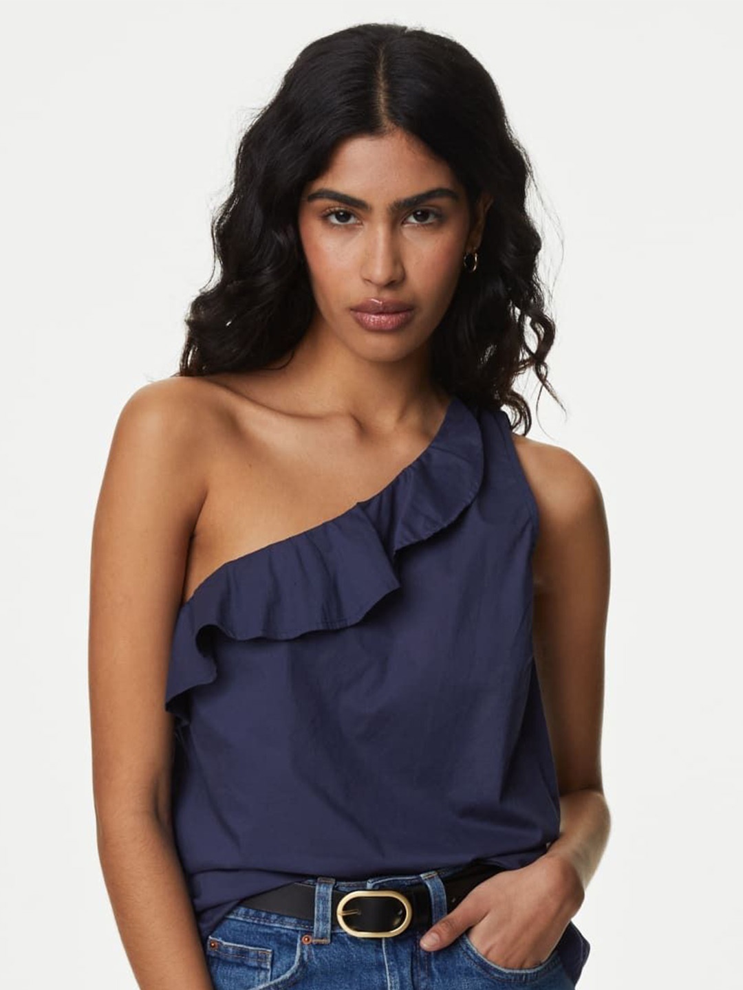 

Marks & Spencer Solid Sleeveless One Shoulder Cotton Top, Navy blue